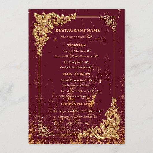 Gold Bordeaux Editable Menu with QR Code Menükarte (Vorderseite)