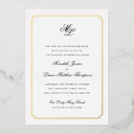 Gold Border Black and Gold Monogram Wedding Foil I Folieneinladung (Vorderseite)