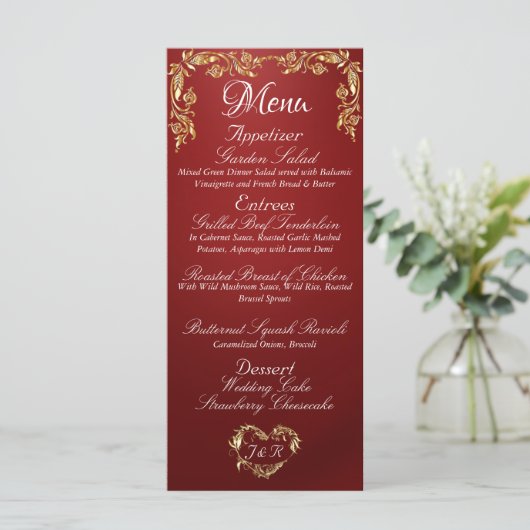 Gold Border on Ruby Red Wedding Menu Menükarte (Stehend Vorderseite)