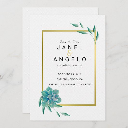 Gold Botanische Sukkuline Save the Date Einladung (Vorne/Hinten)