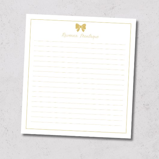 Gold Bow Border Handwritten Custom Name Lined  No Notizblock