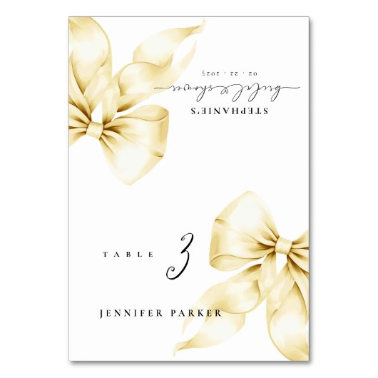 Gold Bow Bridal Shower Name Table Card Tischnummer (Vorderseite)