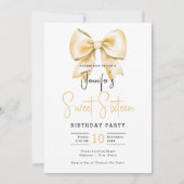 Gold Bow Coquette Niedliches Script Sweet 16 Party Einladung (Vorderseite)