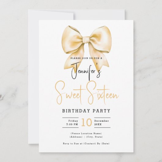 Gold Bow Coquette Niedliches Script Sweet 16 Party Einladung (Vorderseite)