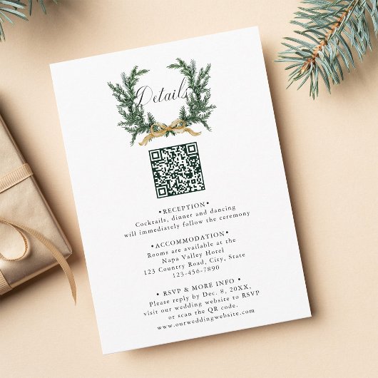Gold Bow & Evergreen Pine Wreath Wedding Details Begleitkarte