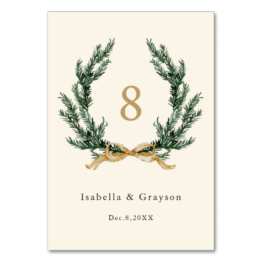 Gold Bow & Evergreen Pine Wreath Wedding Ivory Tischnummer (Vorderseite)