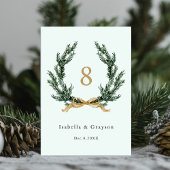 Gold Bow & Evergreen Pine Wreath Wedding Mint Tischnummer