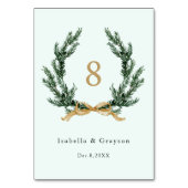 Gold Bow & Evergreen Pine Wreath Wedding Mint Tischnummer (Rückseite)