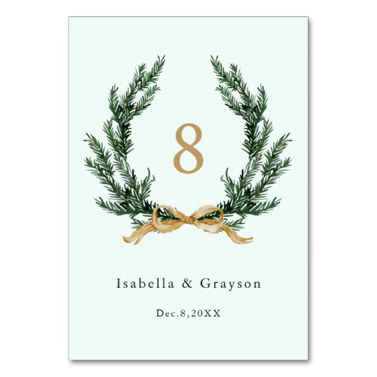 Gold Bow & Evergreen Pine Wreath Wedding Mint Tischnummer (Vorderseite)