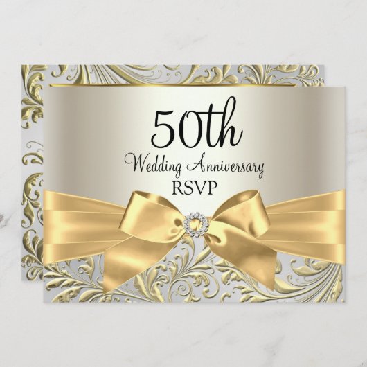 Gold Bow & Floral Swirl 50 Jahre UAWG Einladung (Vorne/Hinten)