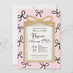 Gold Bow Frame Little Black Bows Pink 1. Geburtsta Einladung