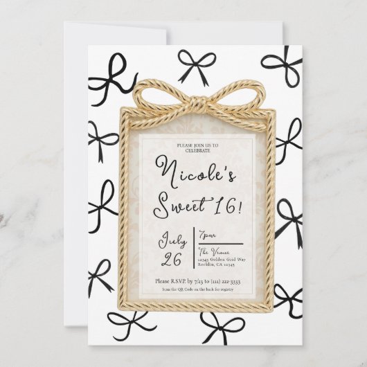 Gold Bow Frame & Little Black Bows Sweet 16 Foto Einladung (Vorderseite)