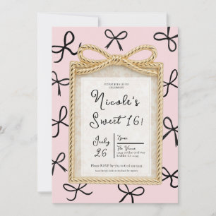 Gold Bow Frame Little Black Bows Sweet 16 Foto Einladung