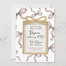 Gold Bow Frame Rosa Band Bow 1. Geburtstag Einladung