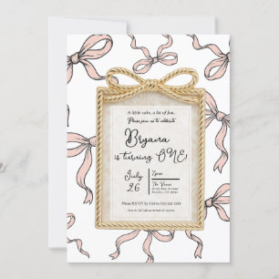 Gold Bow Frame Rosa Band Bow 1. Geburtstag Einladung