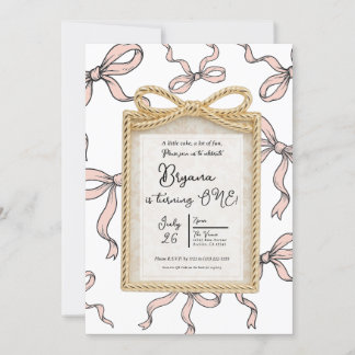 Gold Bow Frame Rosa Band Bow 1. Geburtstag Einladung