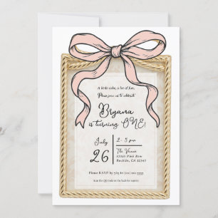 Gold Bow Frame Rosa Band Bow 1. Geburtstag Einladung