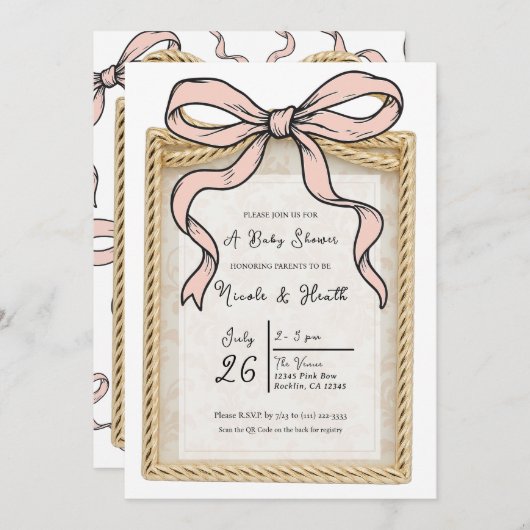 Gold Bow Frame Rosa Ribbon Bow Baby Dusche Einladung (Vorne/Hinten)