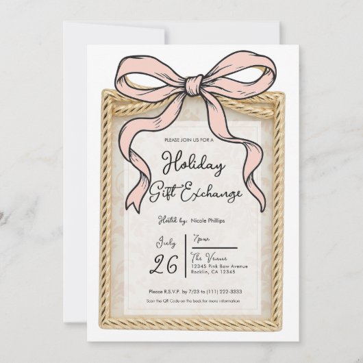 Gold Bow Frame Rosa Ribbon Bow Holiday Geschenk Einladung (Vorderseite)