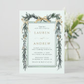 Gold Bow & Green Garland Wedding All in One Mint Einladung (Stehend Vorderseite)