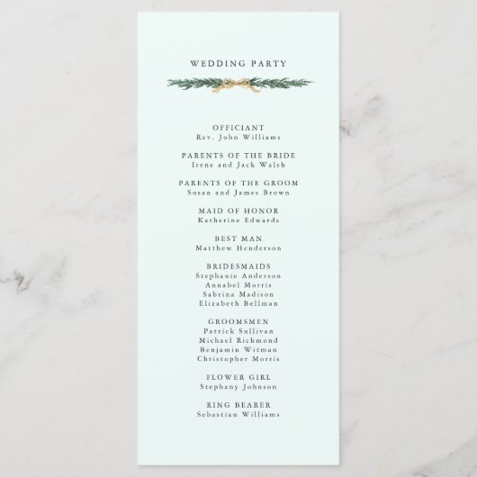 Gold Bow & Green Garland Wedding Ceremony Mint Programm (Rückseite)