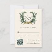 Gold Bow & Green Pine Wreath Wedding QR Code Ivory RSVP Karte (Vorderseite)