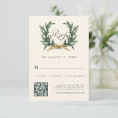 Gold Bow & Green Pine Wreath Wedding QR Code Ivory RSVP Karte (Stehend Vorderseite)