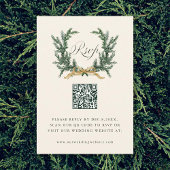 Gold Bow & Green Pine Wreath Wedding QR Code Ivory RSVP Karte