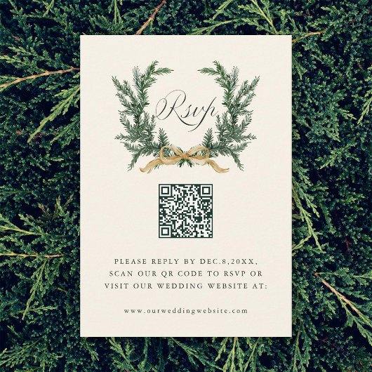 Gold Bow & Green Pine Wreath Wedding QR Code Ivory RSVP Karte
