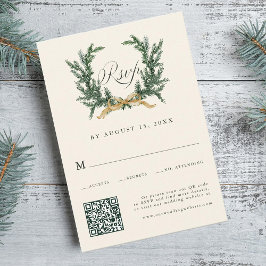 Gold Bow & Green Pine Wreath Wedding QR Code Ivory RSVP Karte