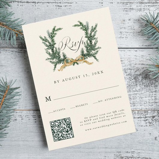 Gold Bow & Green Pine Wreath Wedding QR Code Ivory RSVP Karte
