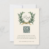 Gold Bow & Green Pine Wreath Wedding QR Code Ivory RSVP Karte (Vorderseite)