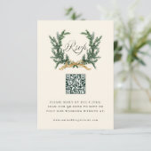 Gold Bow & Green Pine Wreath Wedding QR Code Ivory RSVP Karte (Stehend Vorderseite)