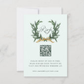 Gold Bow & Green Pine Wreath Wedding QR Code Mint RSVP Karte (Vorderseite)