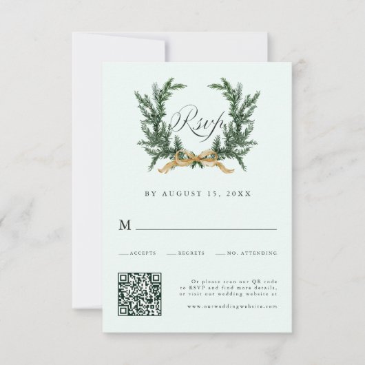 Gold Bow & Green Pine Wreath Wedding QR Code Mint RSVP Karte (Vorderseite)
