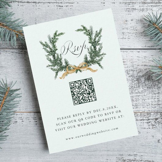 Gold Bow & Green Pine Wreath Wedding QR Code Mint RSVP Karte