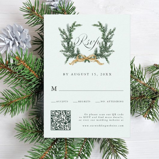 Gold Bow & Green Pine Wreath Wedding QR Code Mint RSVP Karte