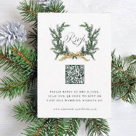 Gold Bow & Green Pine Wreath Wedding QR Code RSVP Karte