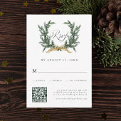 Gold Bow & Green Pine Wreath Wedding QR Code RSVP Karte