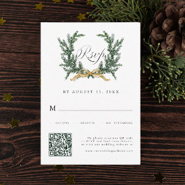 Gold Bow & Green Pine Wreath Wedding QR Code RSVP Karte