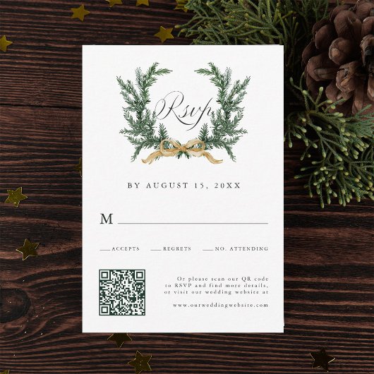 Gold Bow & Green Pine Wreath Wedding QR Code RSVP Karte