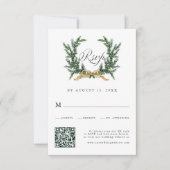 Gold Bow & Green Pine Wreath Wedding QR Code RSVP Karte (Vorderseite)