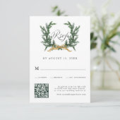 Gold Bow & Green Pine Wreath Wedding QR Code RSVP Karte (Stehend Vorderseite)