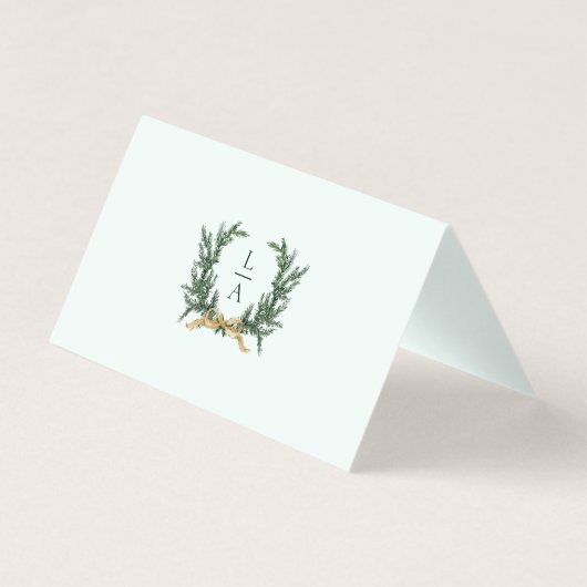 Gold Bow & Greenery Border Mint Wedding Place Card (Rückseite)