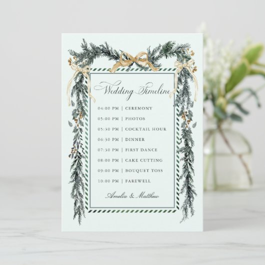 Gold Bow & Greenery Garland Wedding Timeline Mint Programm (Stehend Vorderseite)