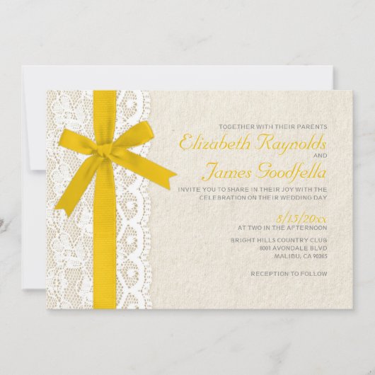 Gold Bow & Lace Wedding Invitations Einladung (Vorderseite)