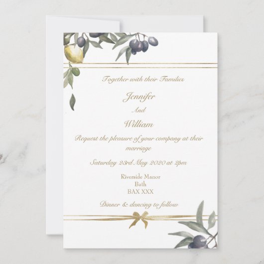 Gold Bow Olive & Lemons Einladung (Vorderseite)