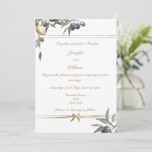 Gold Bow Olive & Lemons Einladung (Stehend Vorderseite)