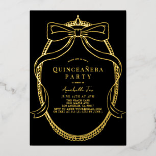 Gold Bow Ribbon Tiara Rahmen Schwarzes Quinceañera Folieneinladung