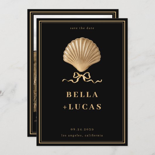 Gold Bow Seashell Luxury Coastal Wedding Save The Date (Vorne/Hinten)